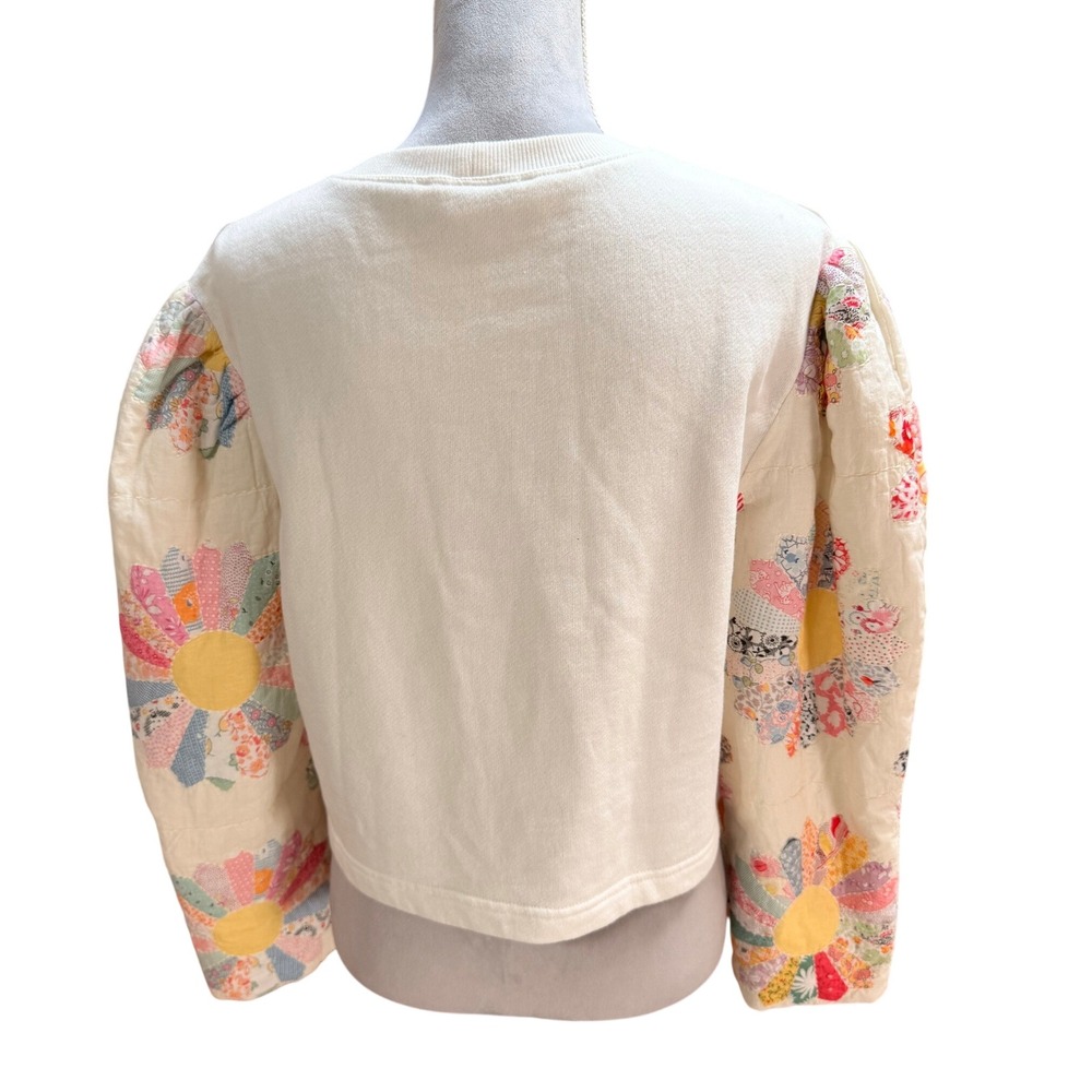 SEA New York Sweatshirt S White Quilted Patchwork Floral Puff Sleeve Boho - Picture 3 of 6